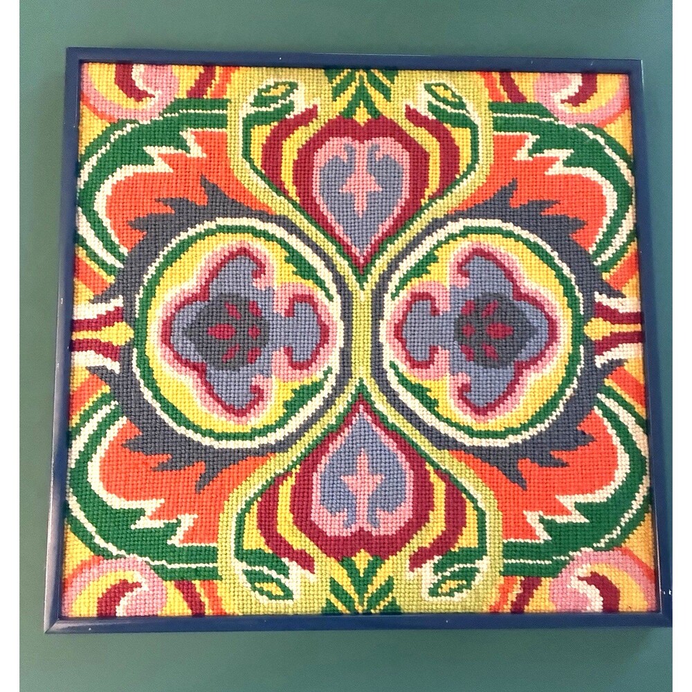 Vintage Funky Hippie Needlepoint Wall Art 15x15 Metal Frame 70s Retro